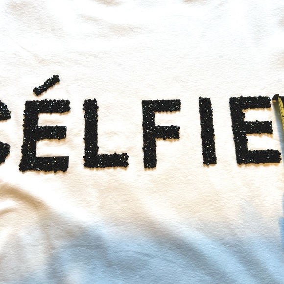 CÉLFIE in black beaded letters on white t-shirt Top - white stretchy fabric - Picture 11 of 14